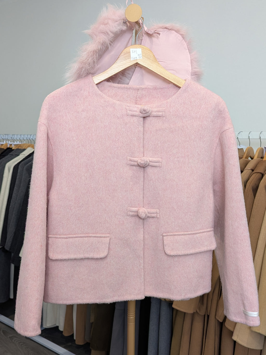 150 68% Wool Coat Pink S 10-12 Fur trim