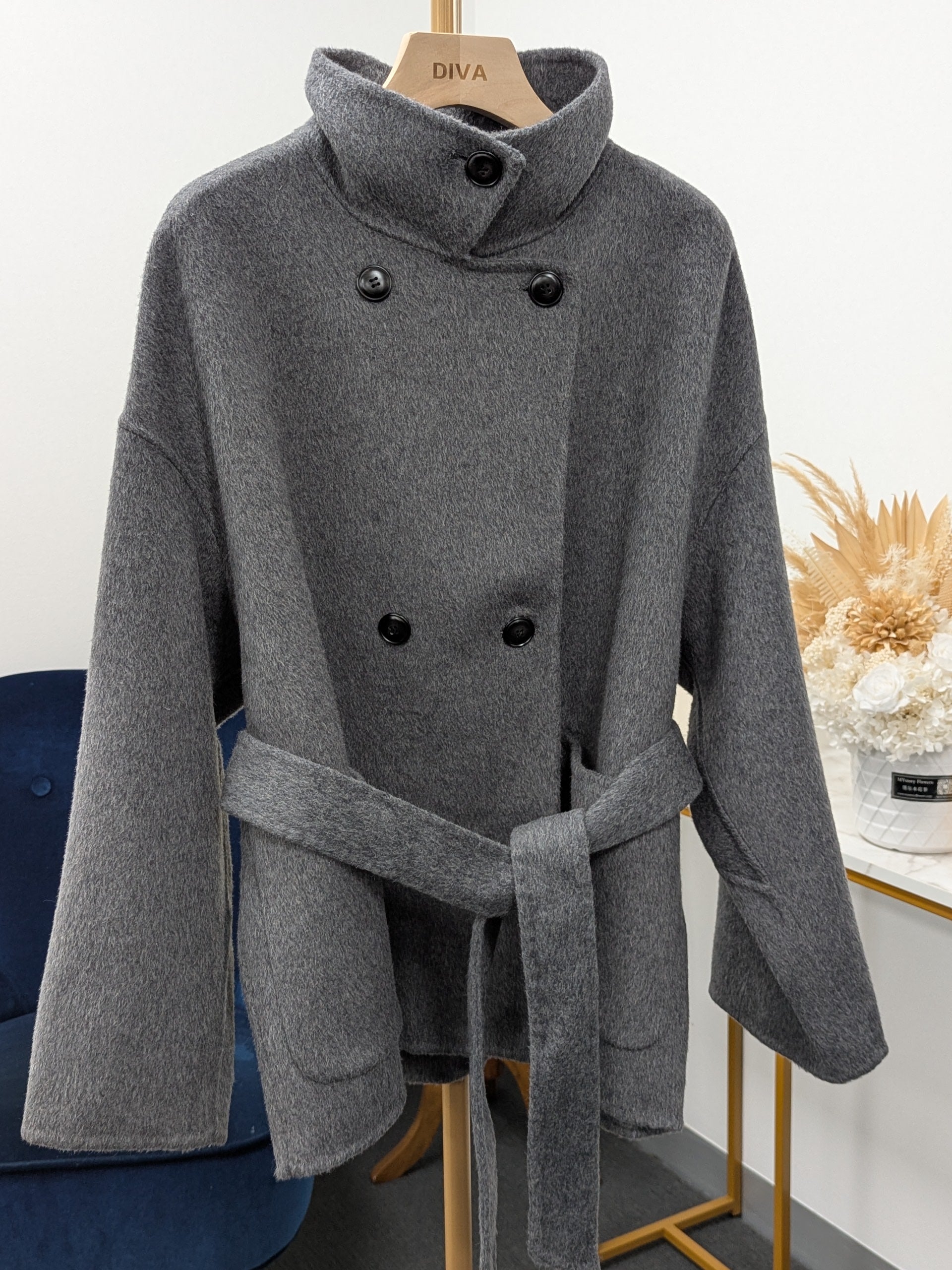 Premium Cashmere blend Wool Coat Brown Grey Charcoal