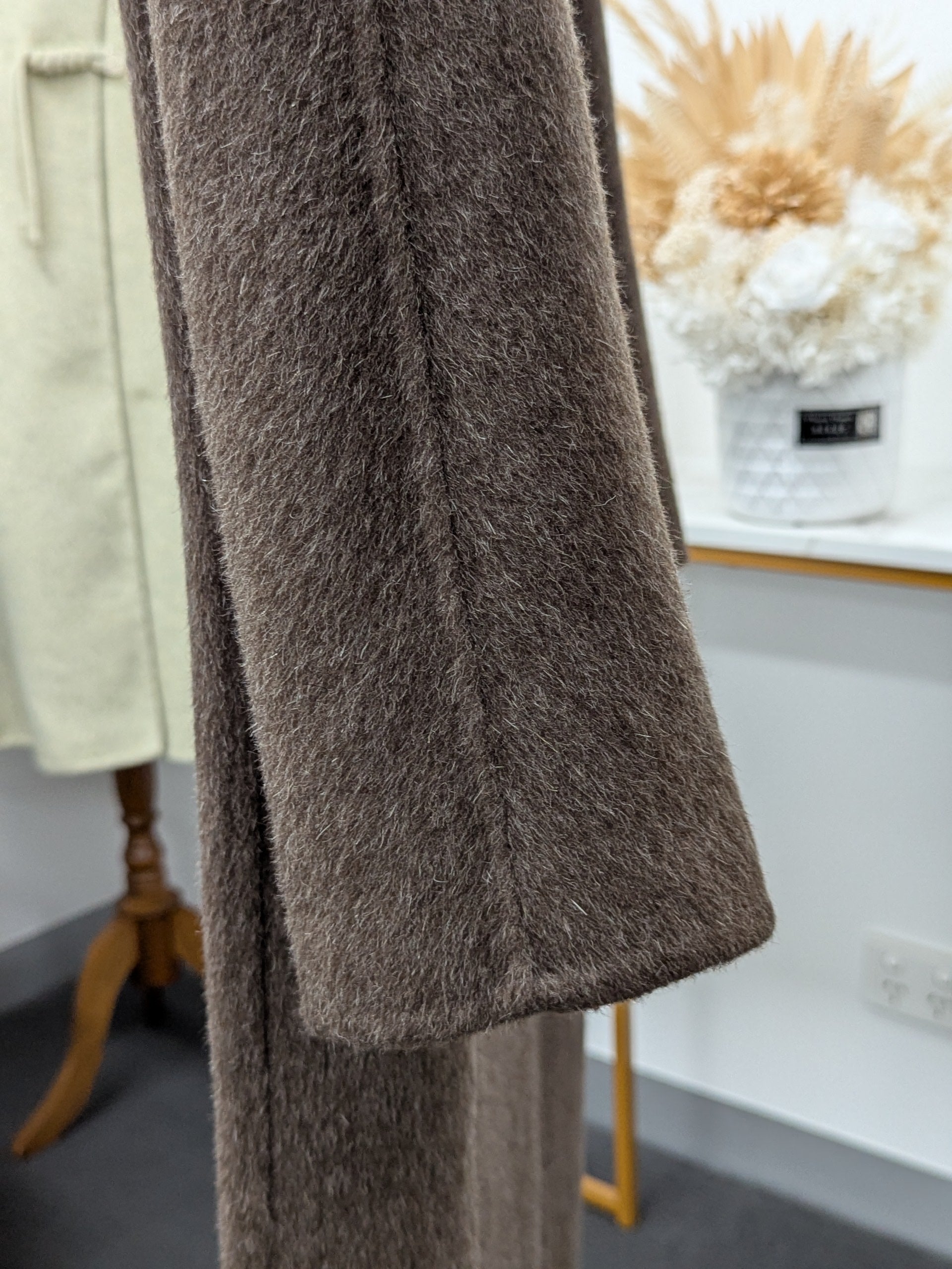 Hand made Premium Rabbit fur Yak Wool Coat Women Brown Charcoal Oat