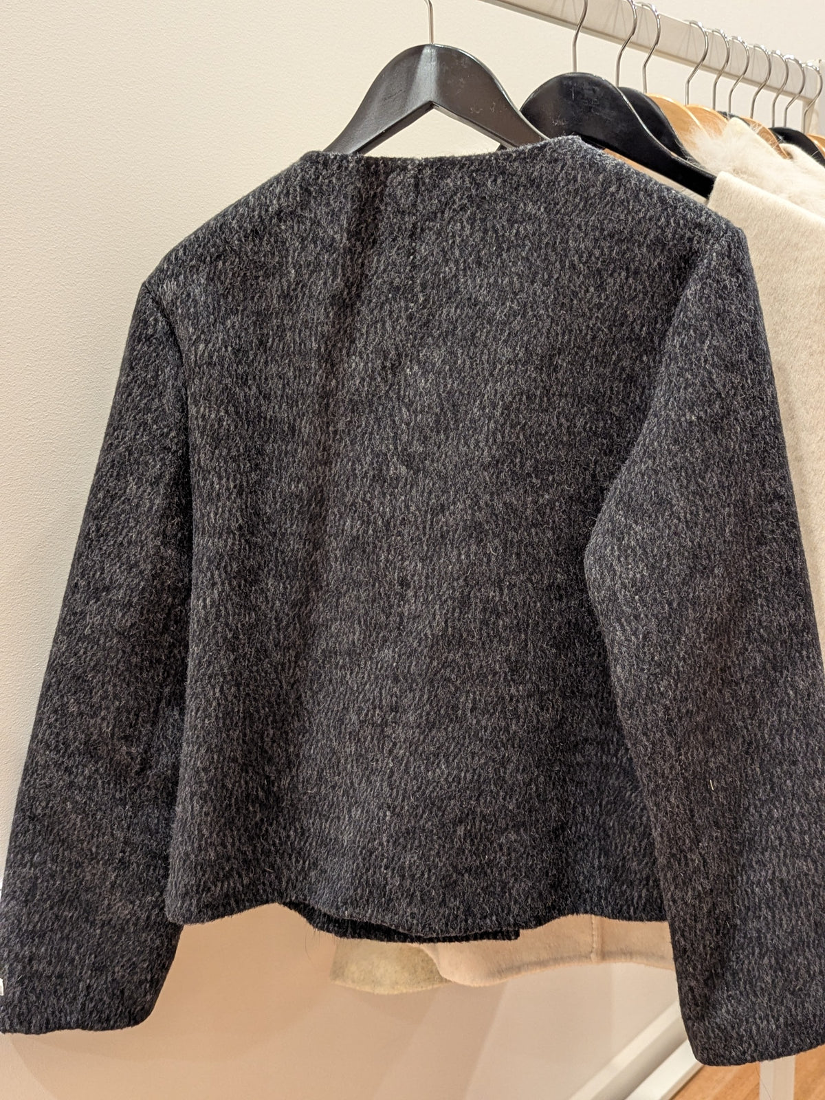 079 100% Wool Coat Fur trim S 8-10  Dark Grey