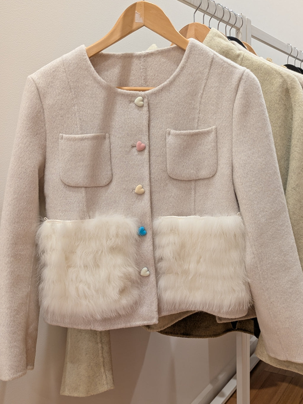 079 100% Wool Coat Fur trim S 8-10 Beige