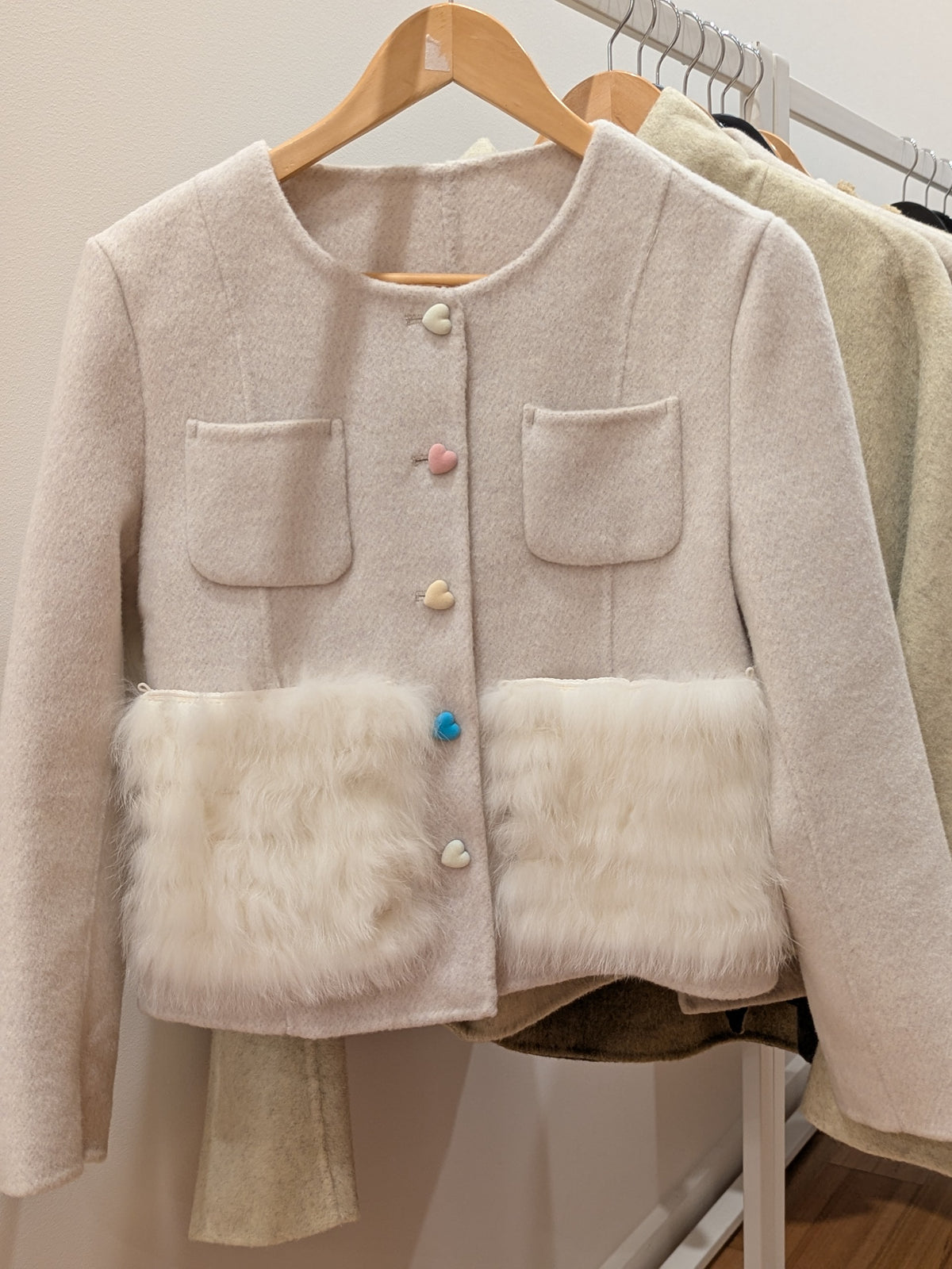 079 100% Wool Coat Fur trim S 8-10 Beige