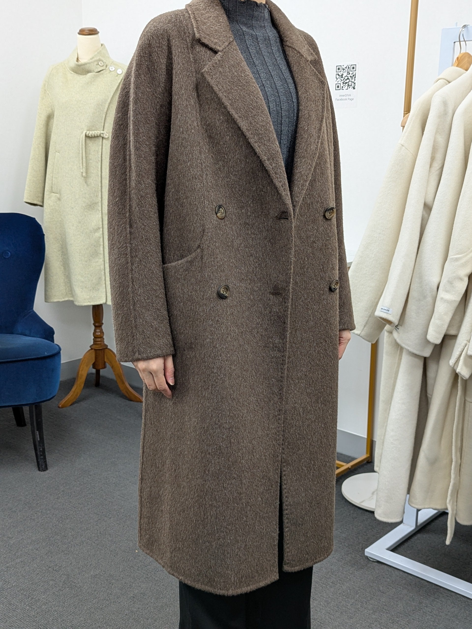 Hand made Premium Rabbit fur Yak Wool Coat Women Brown Charcoal Oat