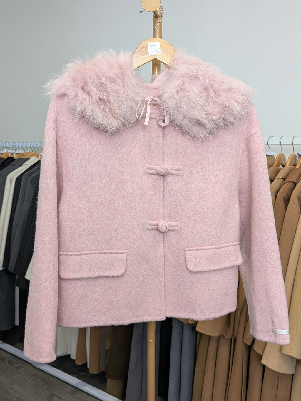 150 68% Wool Coat Pink S 10-12 Fur trim