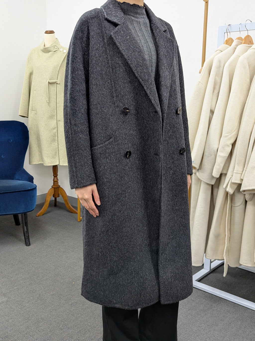 Hand made Premium Rabbit fur Yak Wool Coat Women Brown Charcoal Oat