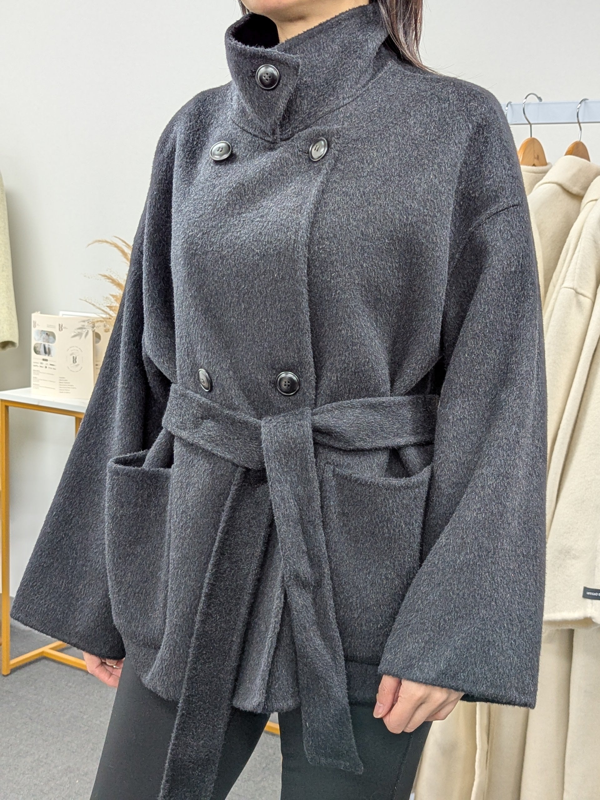 Premium Cashmere blend Wool Coat Brown Grey Charcoal