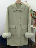097 100% Wool Coat Size S 6-8 Green Fur trim