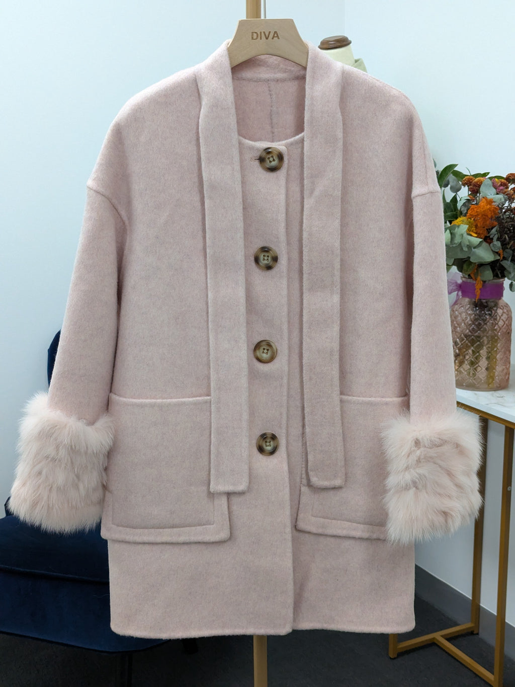 Women's Fur Collar Wool Coats Try-On Available 230 Size S8-12 90% Wool 10% Tencel