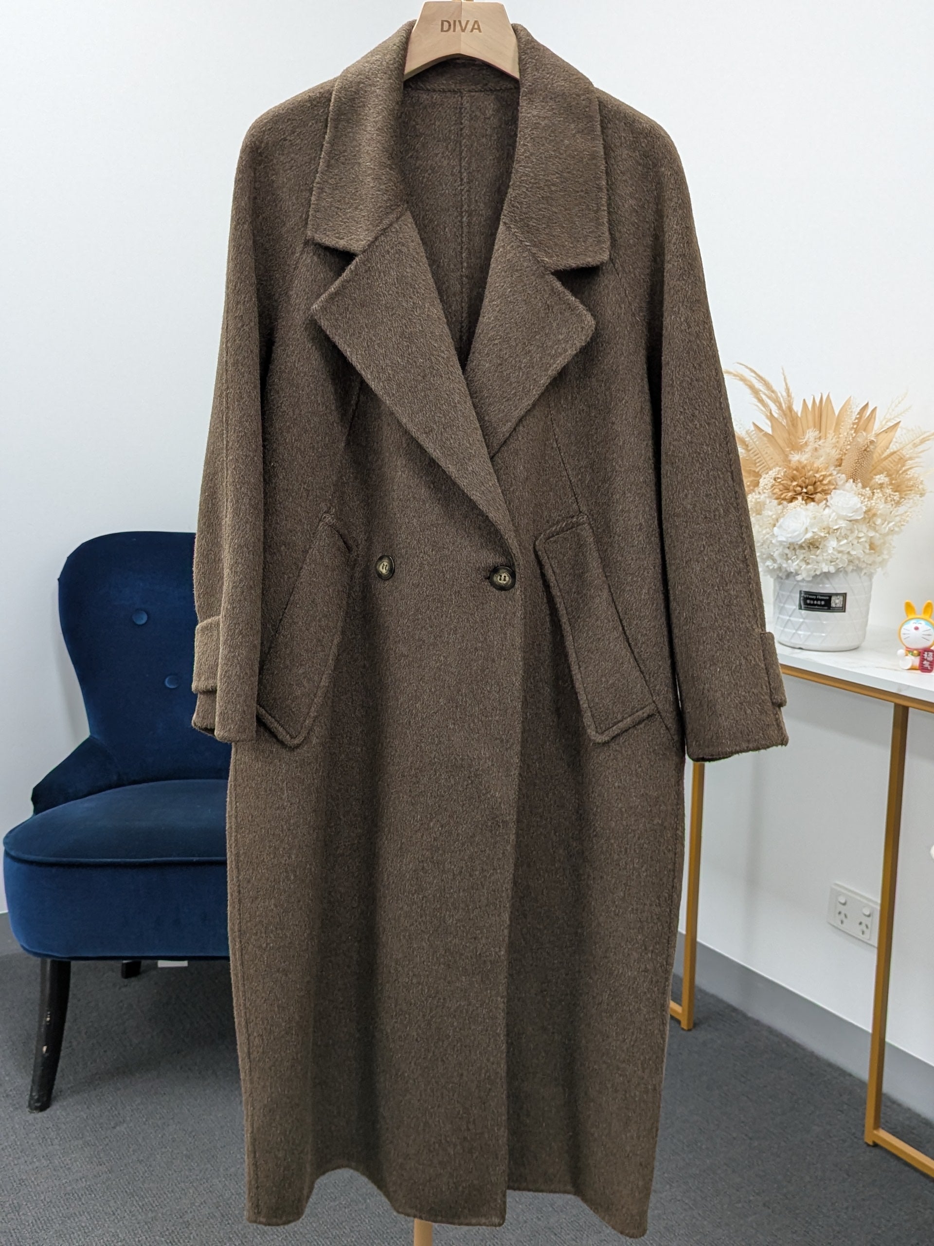 Premium Cashmere blend Wool Coat Women Brown Grey Charcoal
