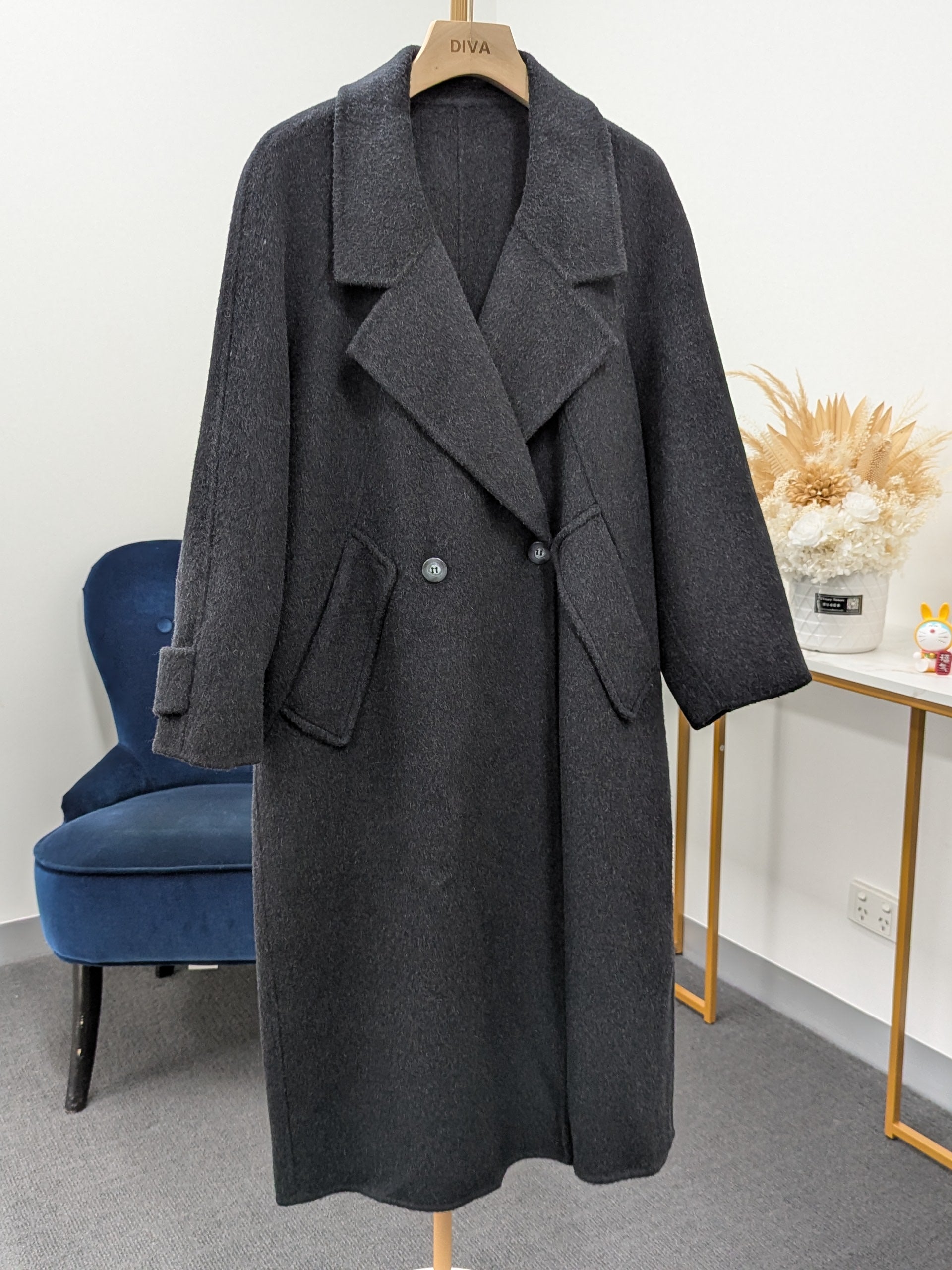 Premium Cashmere blend Wool Coat Women Brown Grey Charcoal