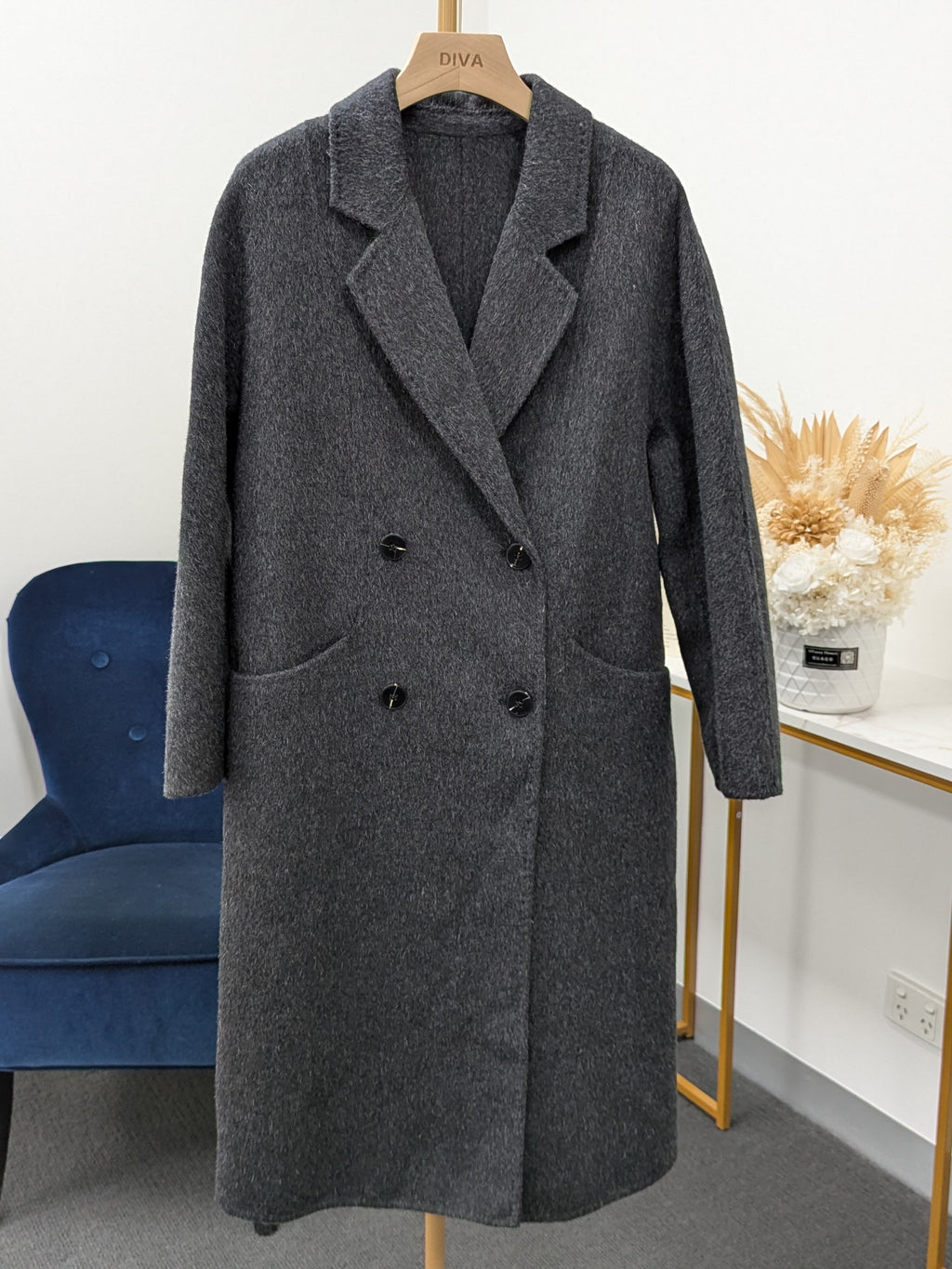 Hand made Premium Rabbit fur Yak Wool Coat Women Brown Charcoal Oat