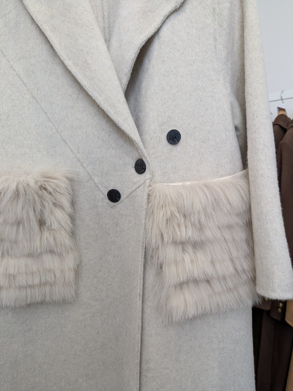128 100% Wool Coat Fur trim Oat beige S 12-14