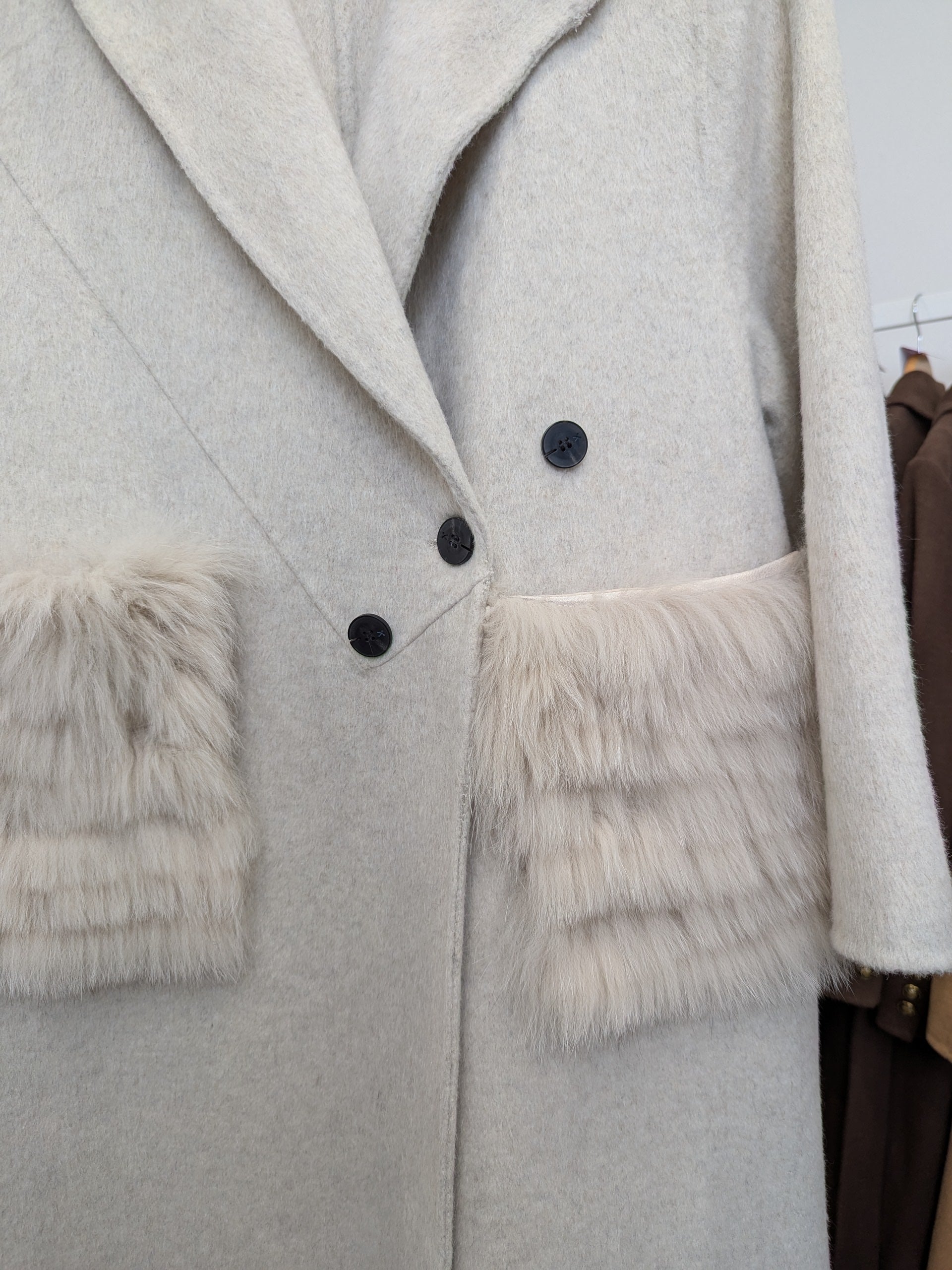 128 100% Wool Coat Fur trim Oat beige S 12-14