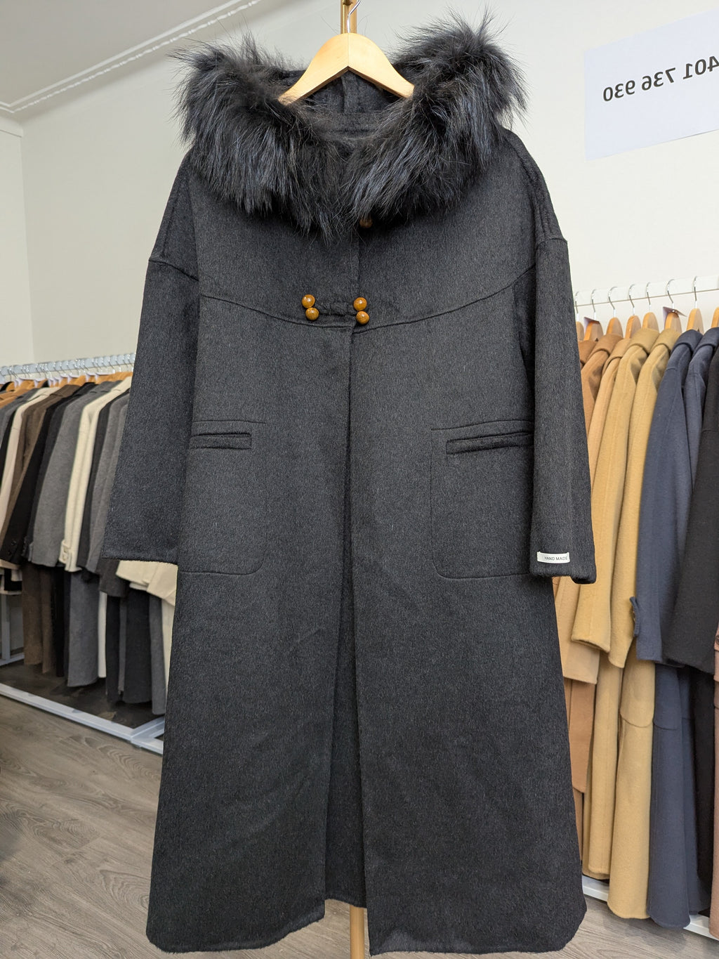 190 100% Wool Coat Charcoal S 8-12 Fur trim