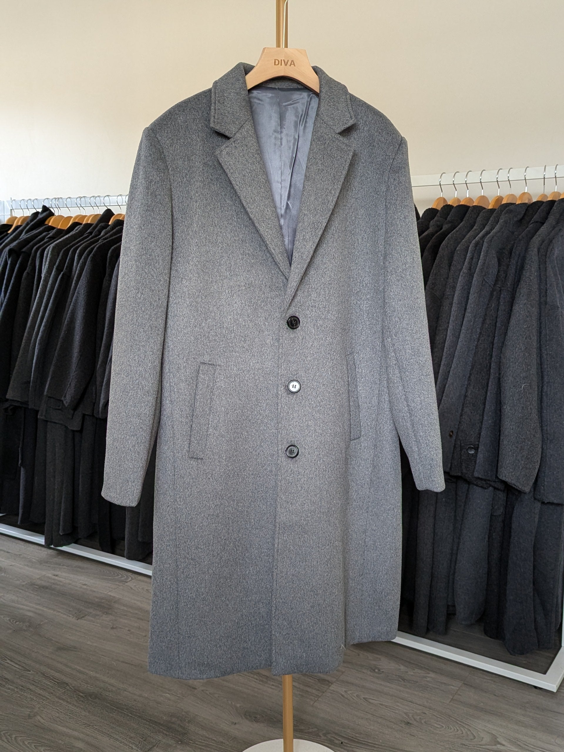 023 Long Men's 50% Wool Coats Black Grey