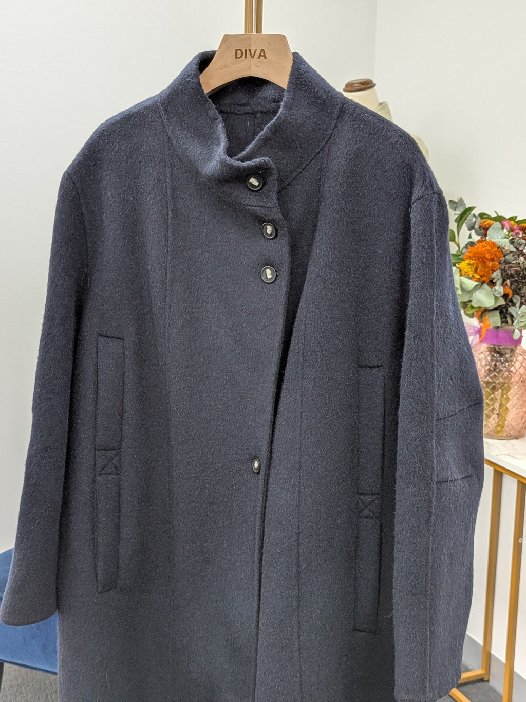 Navy Women's Pure Wool Coats Try-On Available 217 M10-14 100% Wool With Handbag