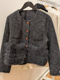 079 100% Wool Coat Fur trim S 8-10  Dark Grey