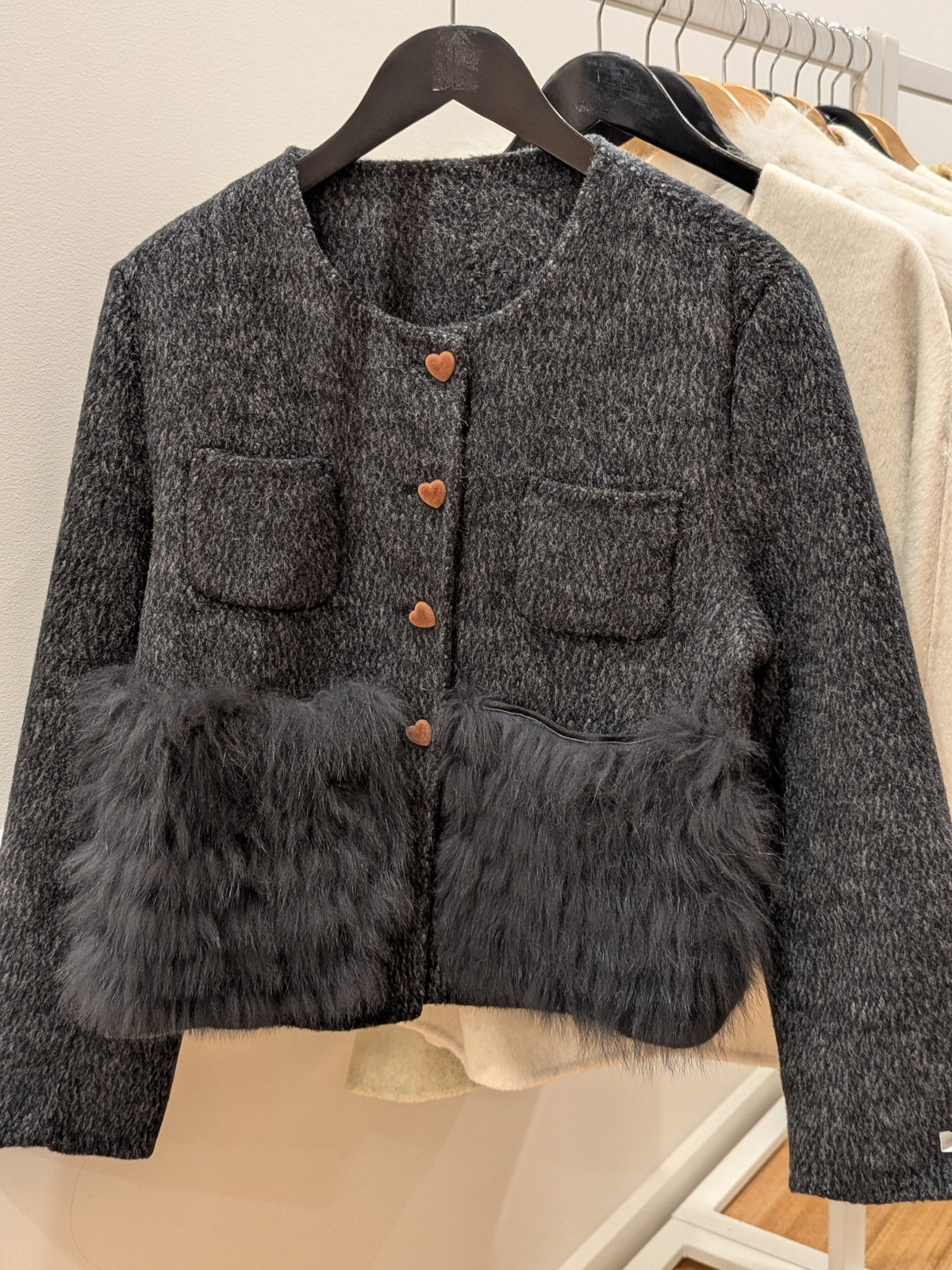 079 100% Wool Coat Fur trim S 8-10  Dark Grey