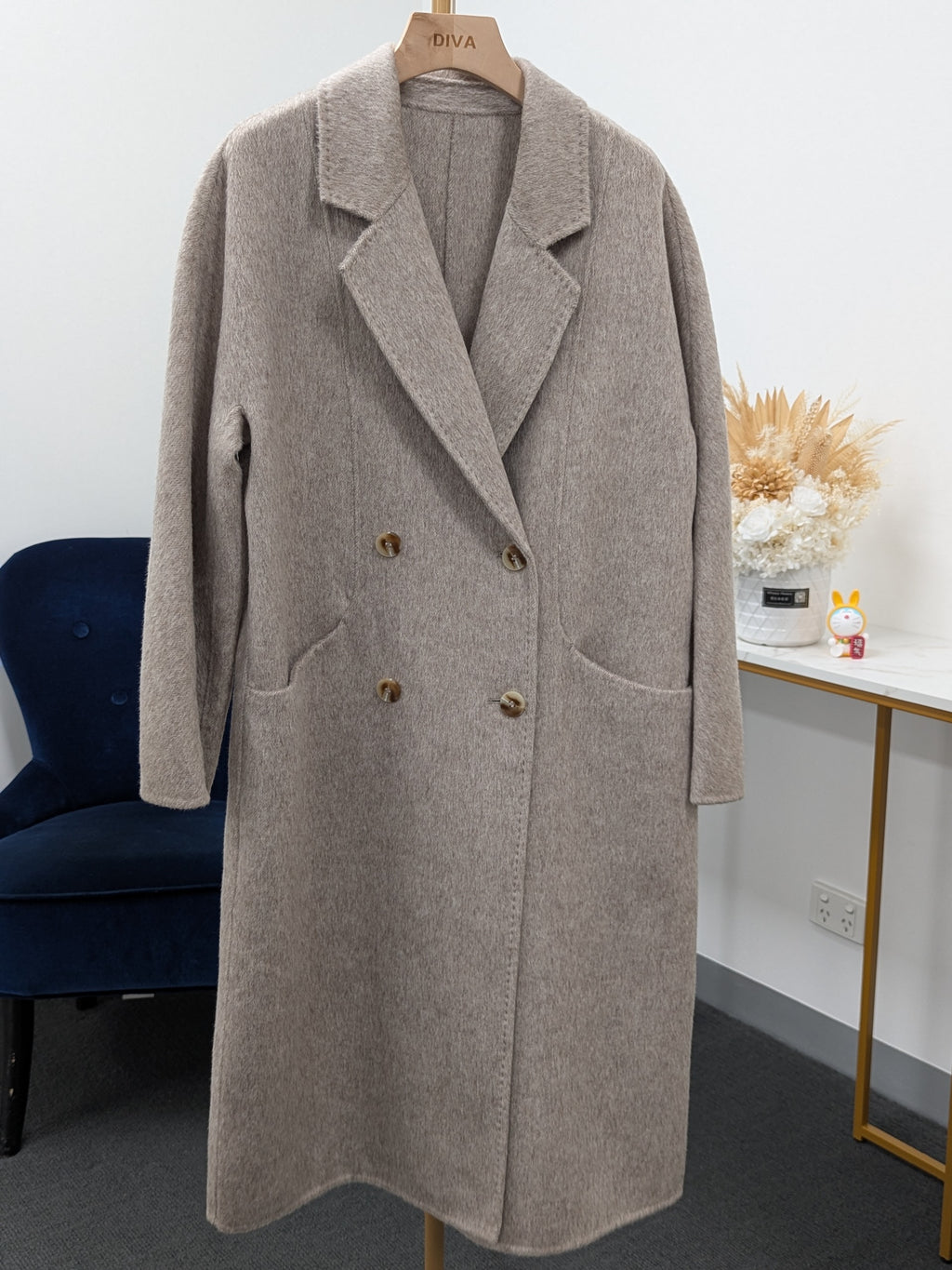 Hand made Premium Rabbit fur Yak Wool Coat Women Brown Charcoal Oat