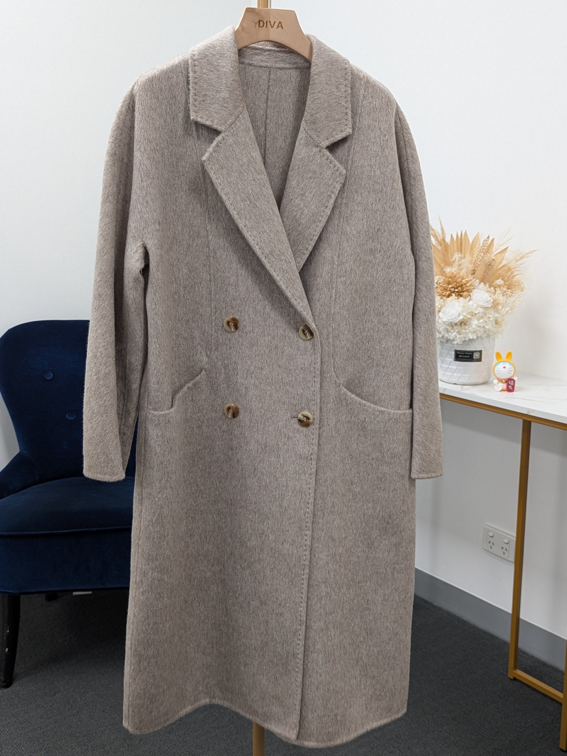 Hand made Premium Rabbit fur Yak Wool Coat Women Brown Charcoal Oat