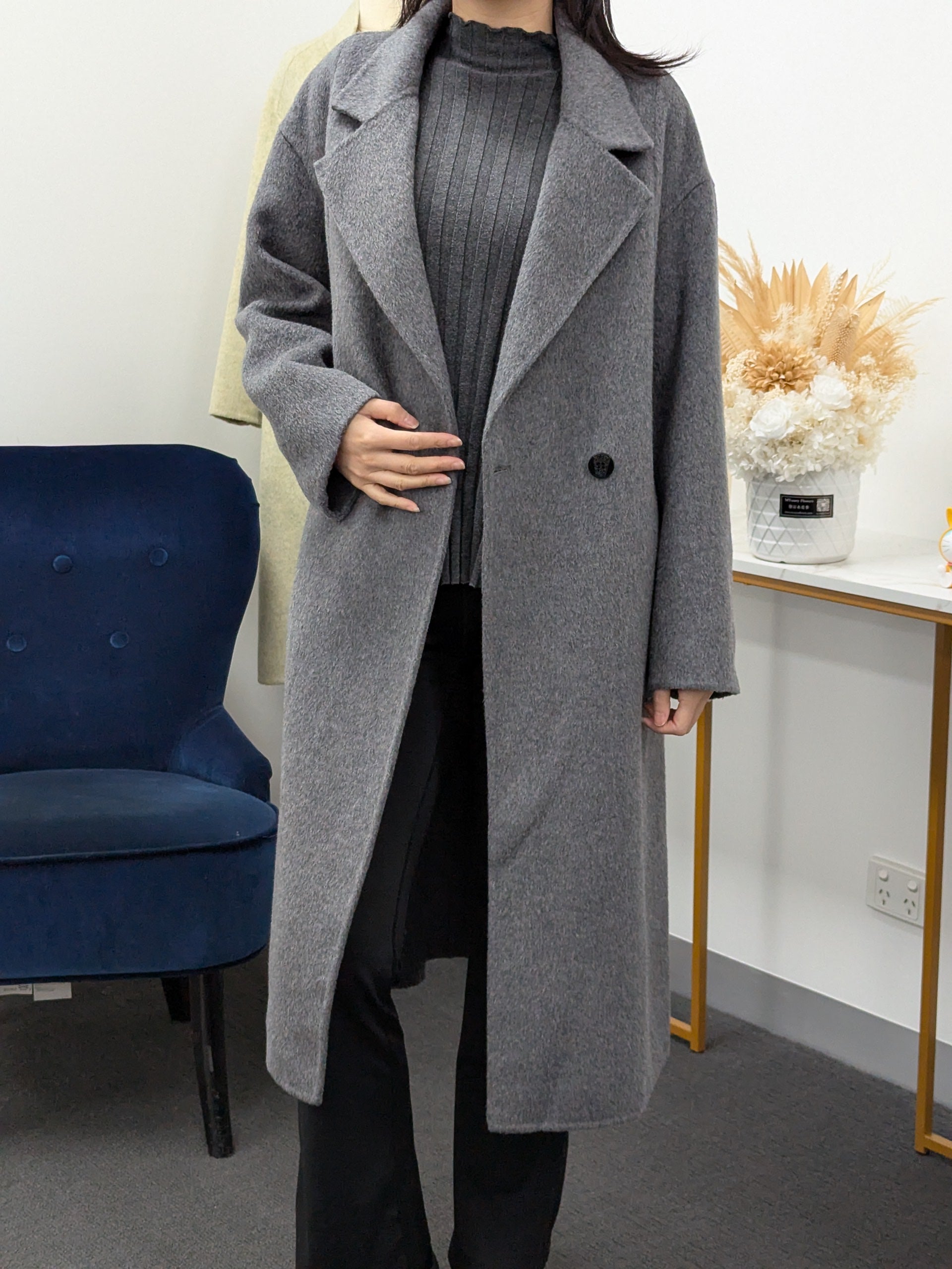 Premium Cashmere blend Wool Coat Women Brown Grey Charcoal