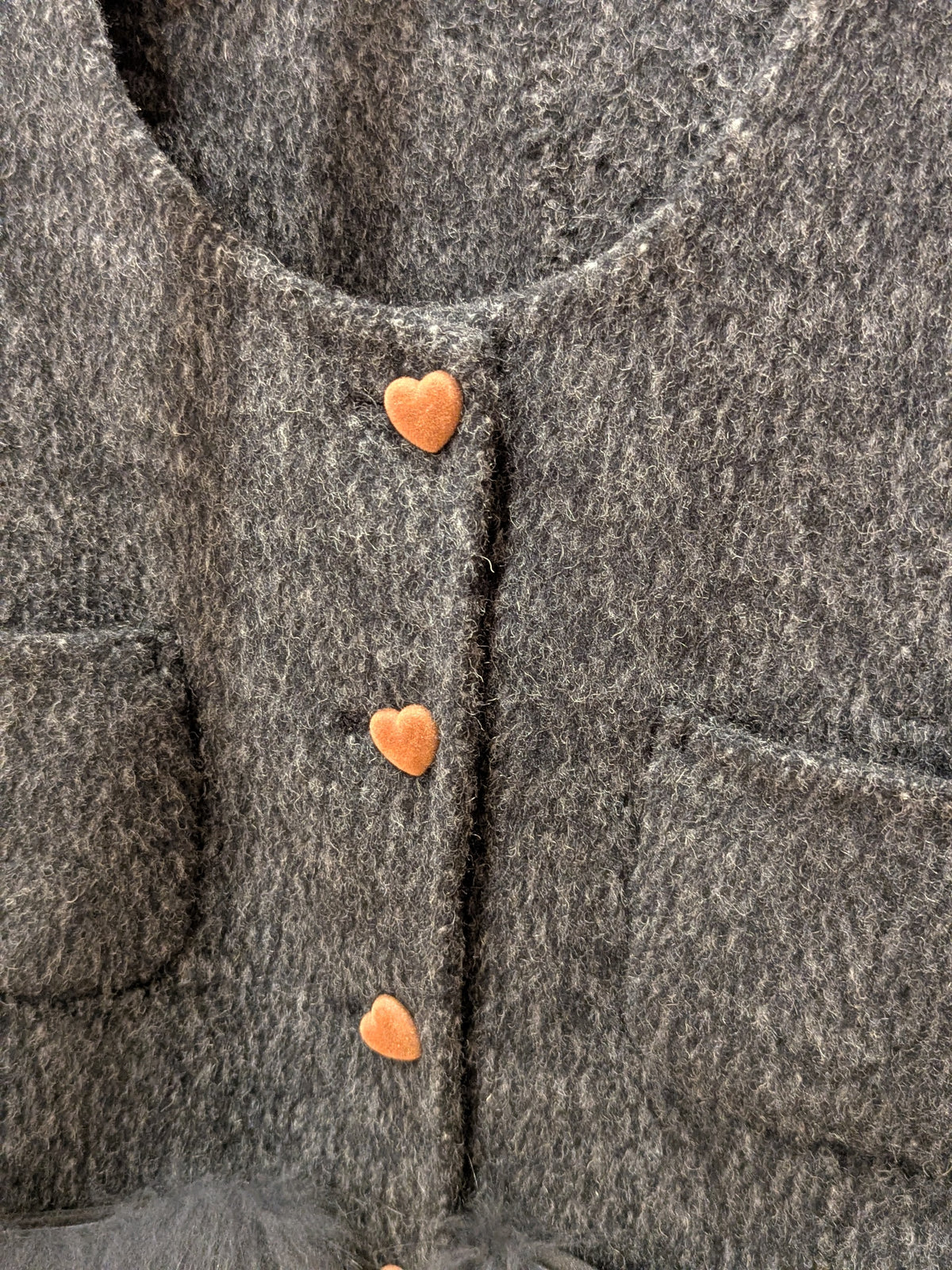 079 100% Wool Coat Fur trim S 8-10  Dark Grey