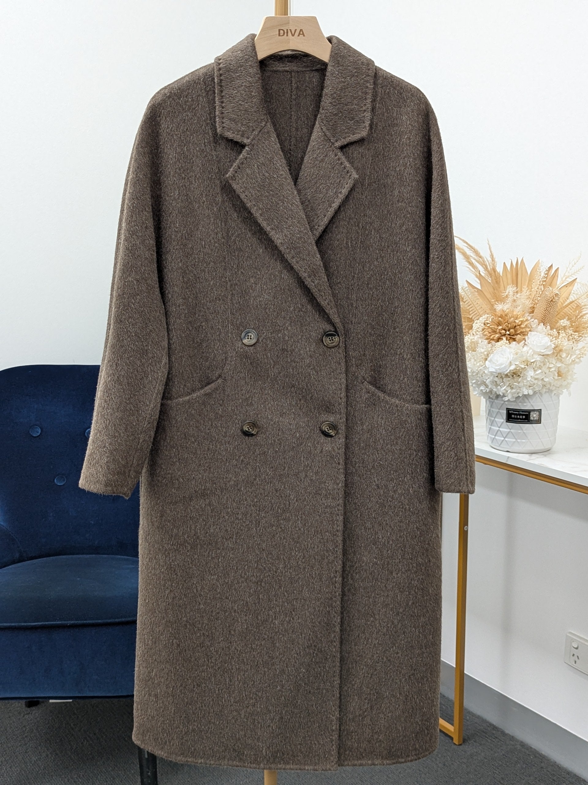 Hand made Premium Rabbit fur Yak Wool Coat Women Brown Charcoal Oat