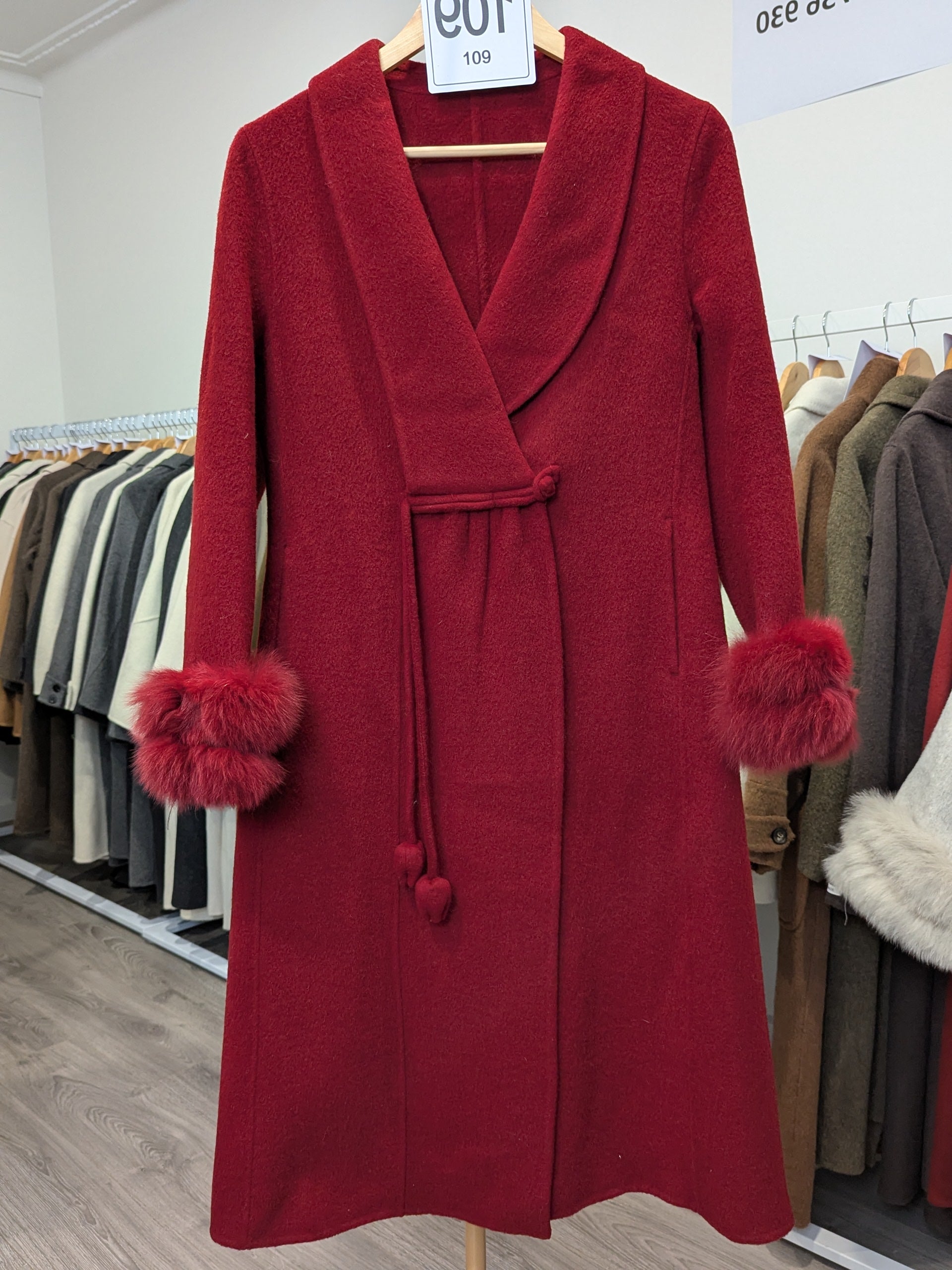 109 68% Wool Coat Red with fur trims